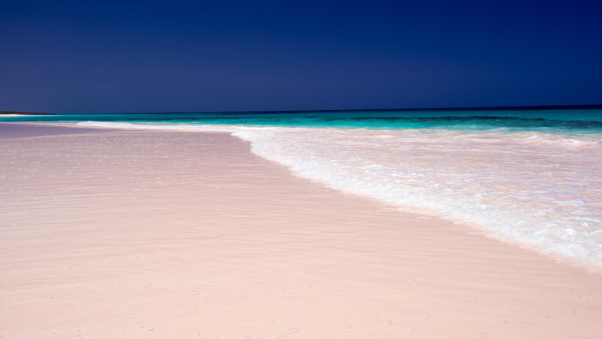 Texto: A praia de Pink Sands é muito famosa ao redor do mundo! A cor rosa da areia faz contraste com o azul turquesa do mar caribenho. Foto: Shutterstock/finepic.