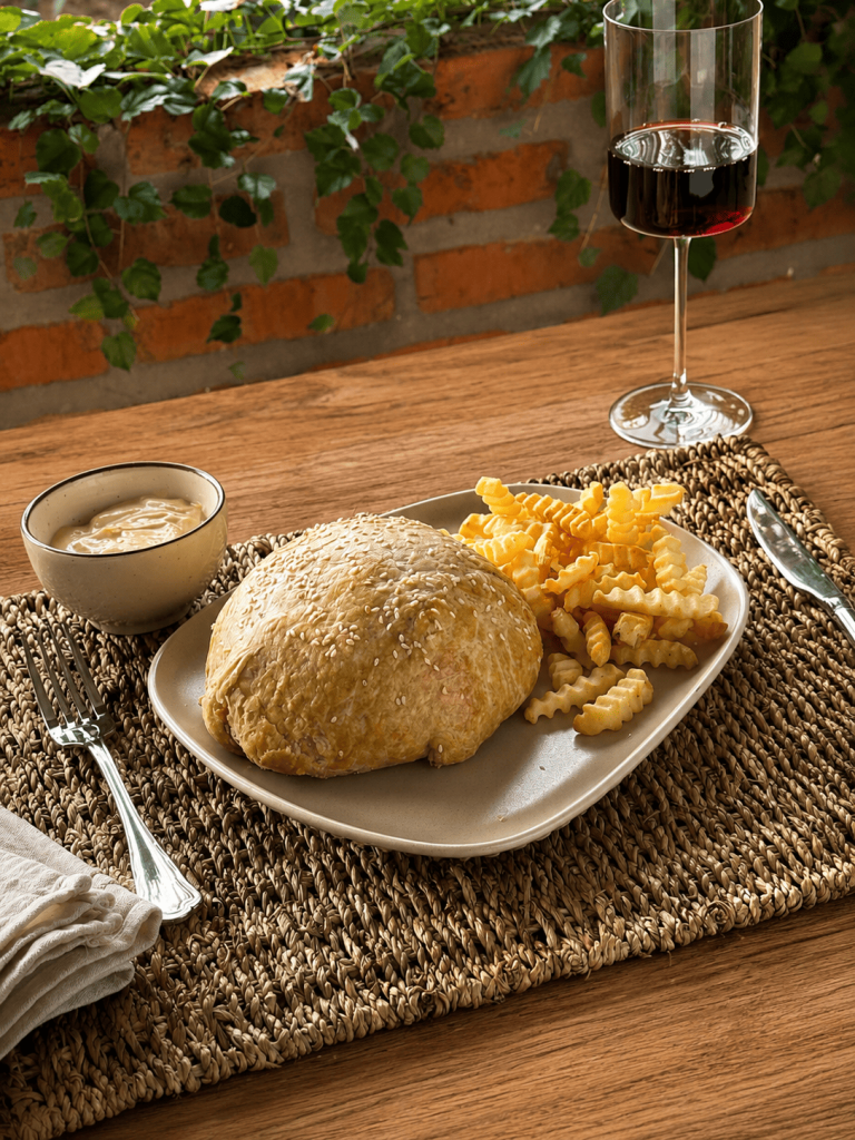 Cheeseburger Wellington servido em prato bege com batatas onduladas crocantes e molho cremoso ao lado, acompanhado de uma taça de vinho tinto. A composição sobre mesa de madeira com jogo americano de fibra natural e fundo com folhagens cria uma apresentação aconchegante, elegante e sofisticada para a refeição.