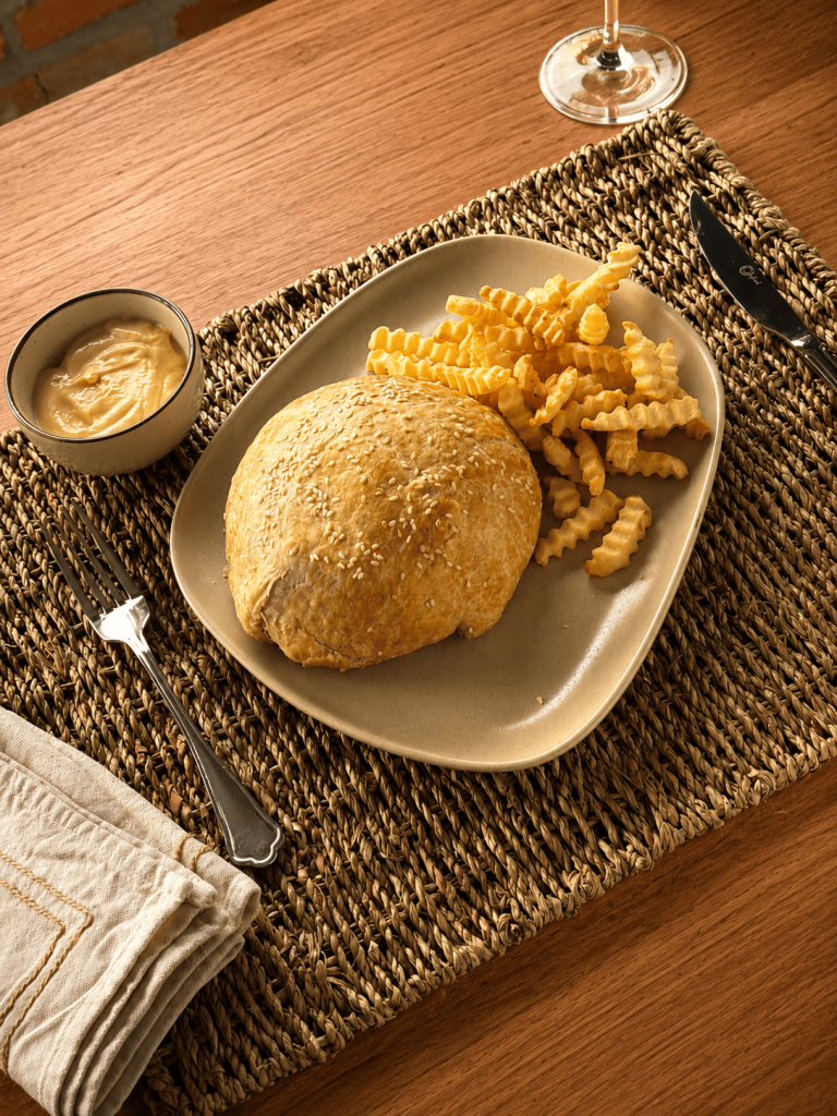 Cheeseburger Wellington dourado e coberto com gergelim servido em prato bege oval, acompanhado de batatas onduladas crocantes e molho cremoso ao lado. A composição está sobre uma mesa posta rústica com jogo americano de fibra natural, talheres escuros e taça de vinho ao fundo, criando uma apresentação aconchegante e sofisticada.