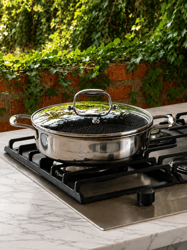 Panela rasa de inox com tampa de vidro sobre fogão cooktop, em ambiente externo cercado por folhagens verdes e parede de tijolos aparentes. A peça possui acabamento sofisticado, alças metálicas laterais e interior com textura colmeia, compondo uma cena elegante e aconchegante para cozinhar ao ar livre.
