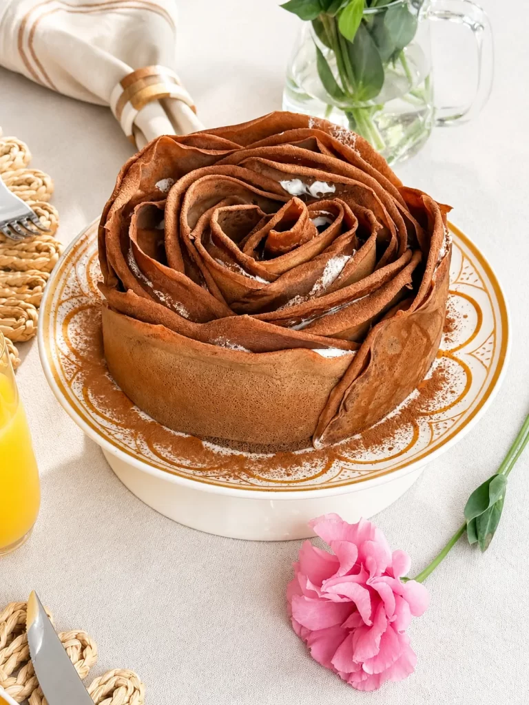 Bolo de rosa de panquecas de chocolate recheado com chantilly, servido em prato decorado sobre uma mesa posta. A composição conta com uma flor rosa, guardanapo de tecido e um vaso com folhagens ao fundo.