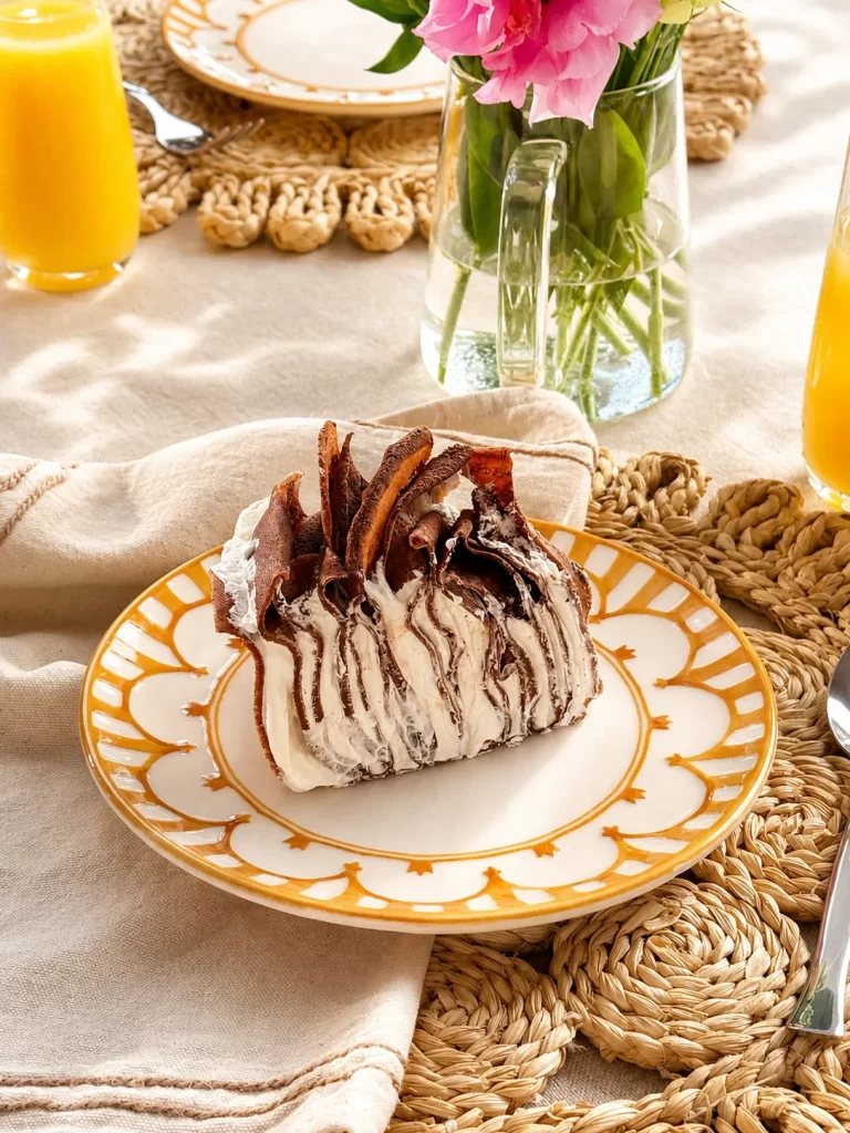 Fatia do bolo de rosa de panquecas de chocolate servida em prato decorado. O corte revela as camadas de panquecas intercaladas com chantilly, em uma mesa posta com flores e copos de suco de laranja ao fundo.
