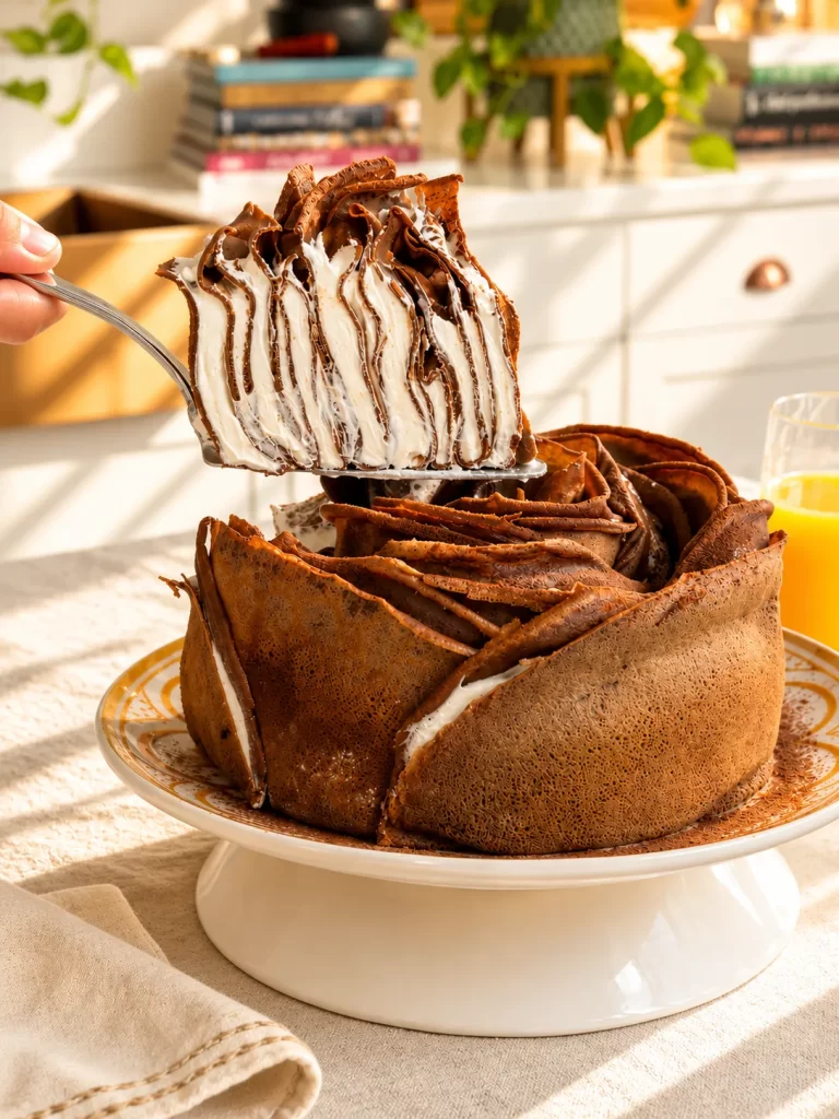 Uma fatia do bolo de rosa de panquecas de chocolate é retirada da sobremesa com uma espátula. O recheio de chantilly entre as camadas fica em evidência, enquanto a mesa posta ao redor reforça a atmosfera acolhedora da ocasião.
