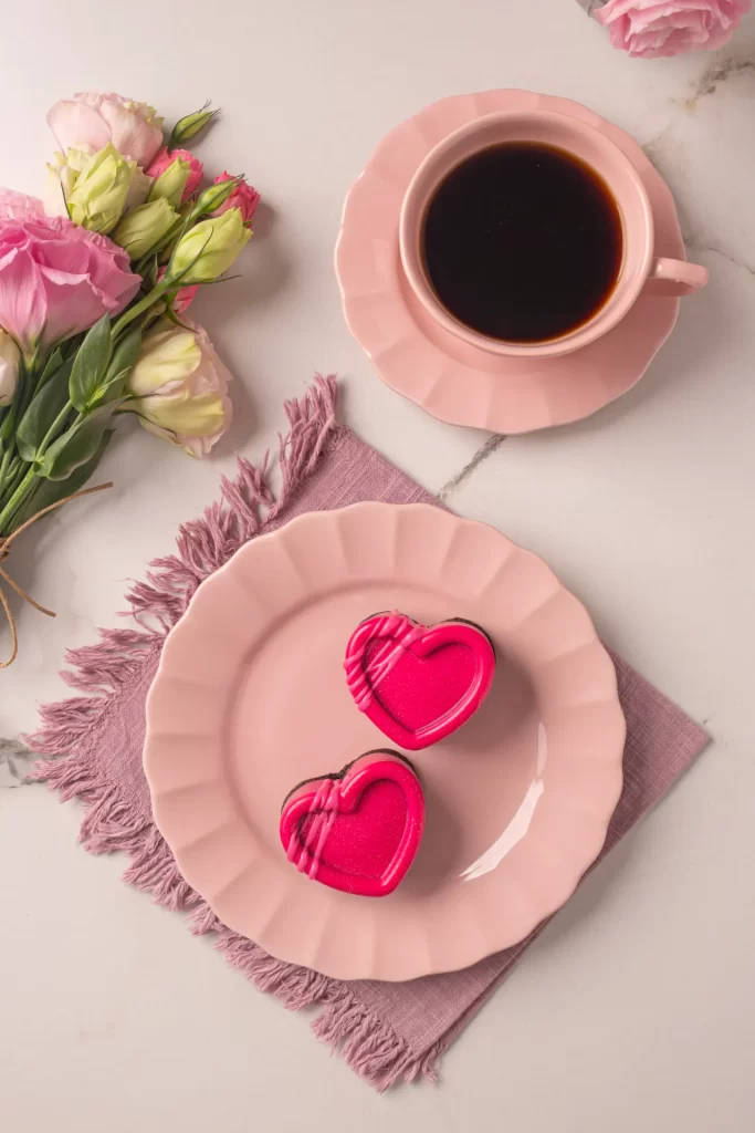 Vista aérea de uma mesa posta para o café. Sobre um jogo americano lilás desfibrado, há um prato de sobremesa rosa-claro com bordas onduladas contendo dois mini brownies em formato de coração, cobertos com uma camada rosa vibrante. Ao lado, há uma xícara de café preto sobre um pires rosa-claro e um arranjo de flores com botões rosas e brancos.