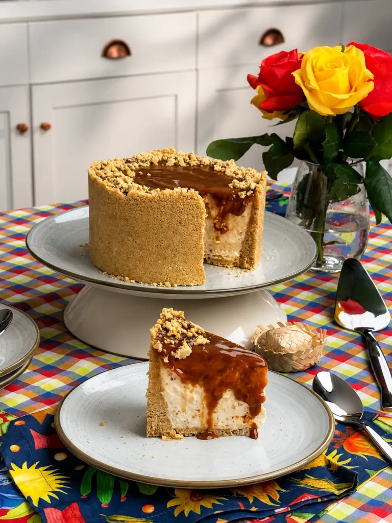 Torta de paçoca com doce de leite apresentada sobre uma boleira de tom claro aquarelado, com uma fatia servida em primeiro plano. Ao lado, há uma paçoca esfarelada e talheres. Ao fundo, um vaso com flores amarelas e vermelhas complementa a decoração aconchegante da mesa.