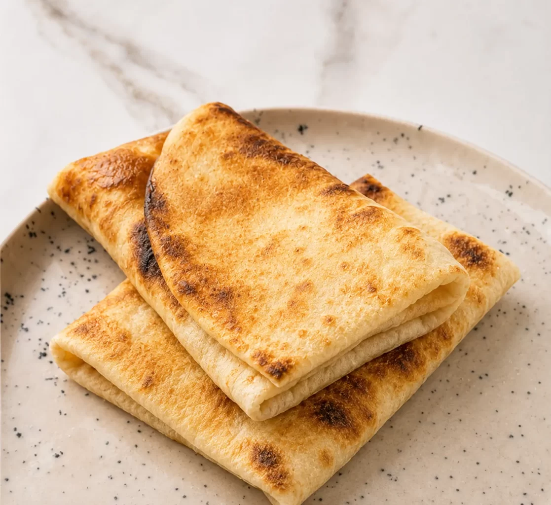 A imagem mostra 2 massas de pão folha já prontas, dobradas, uma sobre a outra, em um prato off-white com detalhes de pontinhos pretos sobre toda a base do prato. 