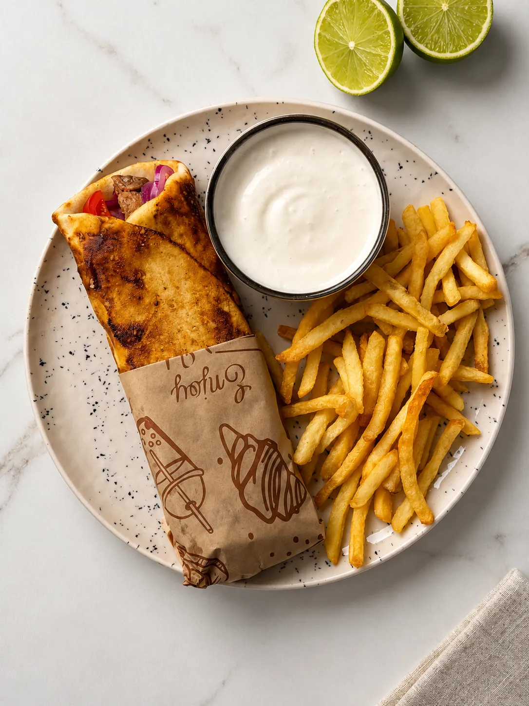 Wrap recheado, já finalizado em um prato off-white com pontilhados pretos. Ao lado do wrap tem um pote com molho branco e batatas fritas sobre o prato. O prato está em uma bancada de mármore branco e logo acima do prato tem um limão cortado ao meio. 