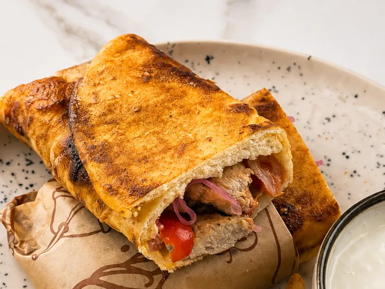 Wrap recheado com frango, tomate, cereja e cebola roxa. A massa está bem dourada e o wrap está cortado ao meio. 