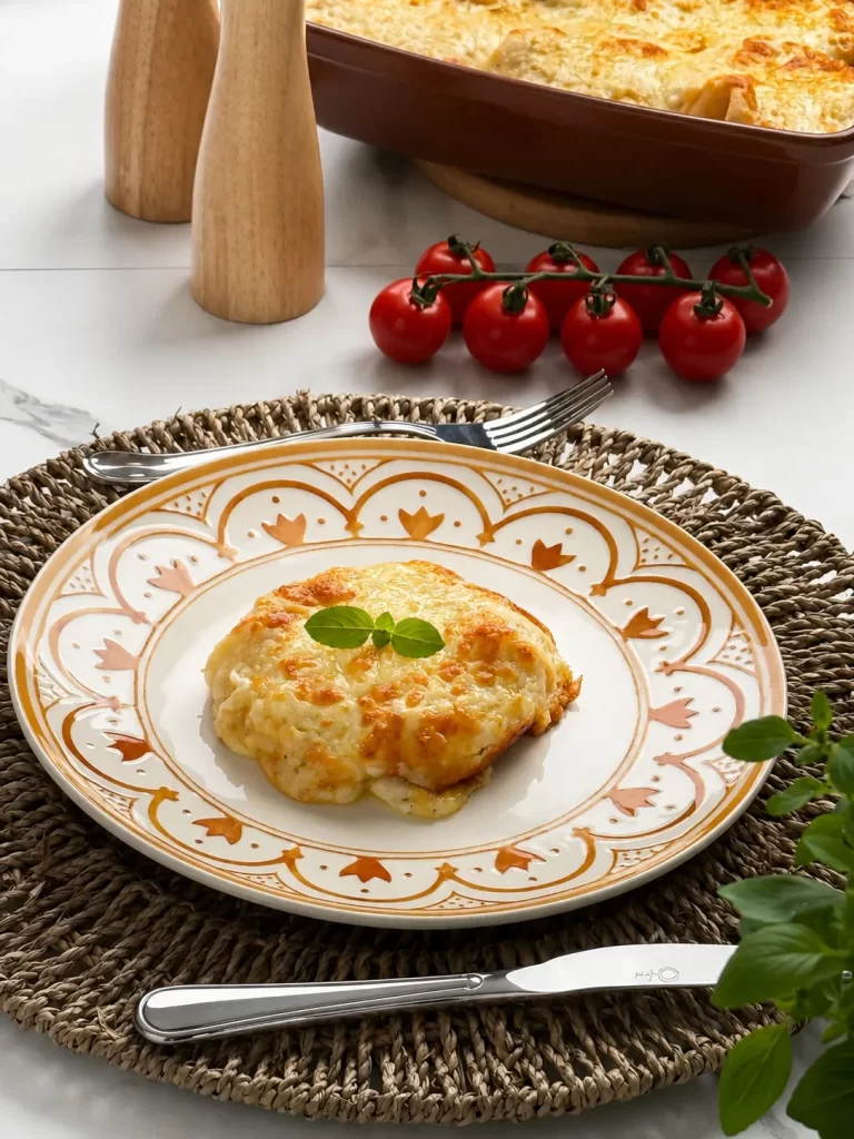 Crepe de frango com queijo gratinado servido em um prato de cerâmica com detalhes de arabescos em um tom de amarelo queimado. O prato está em cima de souplat de palha. A imagem também é composta por um galho com 8 tomates-cereja, saleiros e ao fundo aparece a refratária na cor marrom com crepes assados ao fundo.