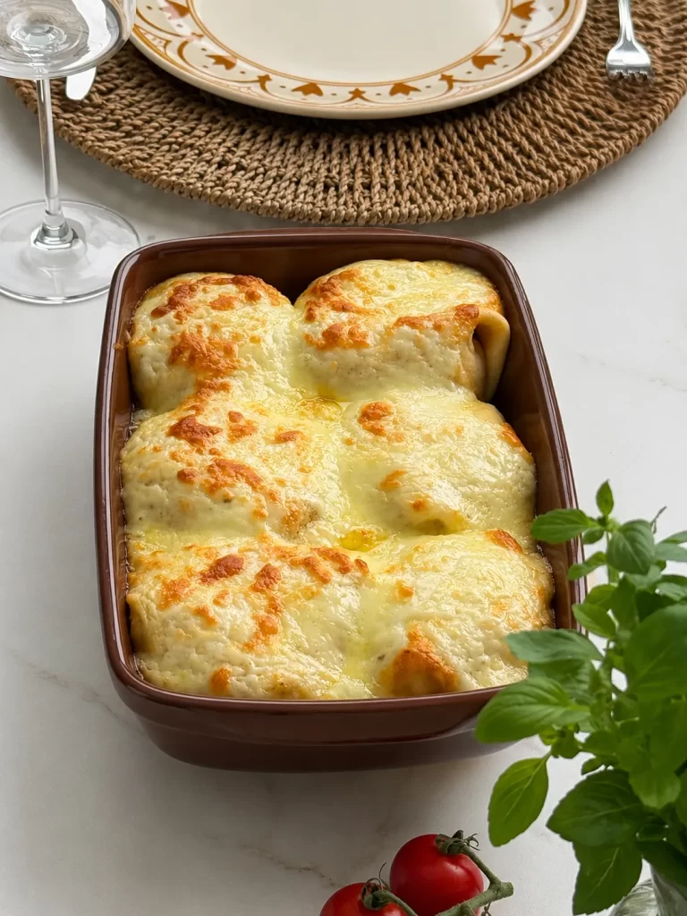 A imagem mostra a refratária de cor marrom com os crepes já assados e com o queijo gratinado por cima. Ao redor da refratária temos tomates-cereja, temperos verdes, e ao fundo o souplat de palha, o prato, os talheres e uma taça de cristal.