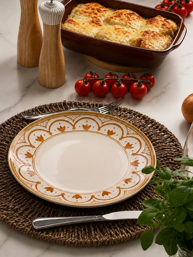 A imagem mostra um prato de cerâmica branco com decoração de arabescos na cor amarelo queimado, ao lado do prato temos um garfo e uma faca e embaixo do prato um souplat de palha. A imagem também é composta por um galho de tomates-cereja, saleiros, temperos verdes e ao fundo a refratária usada para assar os crepes na cor marrom.