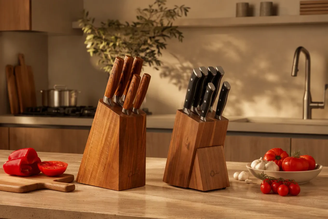 Conjuntos de facas Oxford Wood e Black em cepos de madeira sobre uma bancada de cozinha. À esquerda, o Wood acomoda cinco facas com cabos amadeirados; à direita, o Black reúne seis facas com cabos pretos e detalhes metálicos. Ao redor, há uma tábua com pimentão vermelho e meio tomate, além de uma tigela com tomates e alho. Ao fundo, aparecem fogão com panela, pia, torneira e ramos verdes, sob luz quente que projeta sombras na parede.